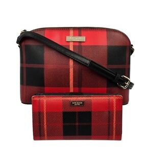 Kate Spade Red Plaid Dome Crossbody Bag & Wallet Set